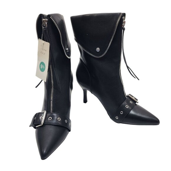 A New Day Black Pointed Toe Zippered Ankle Boots Buckle Detail Size 9.5  Womens - Picture 3 of 10